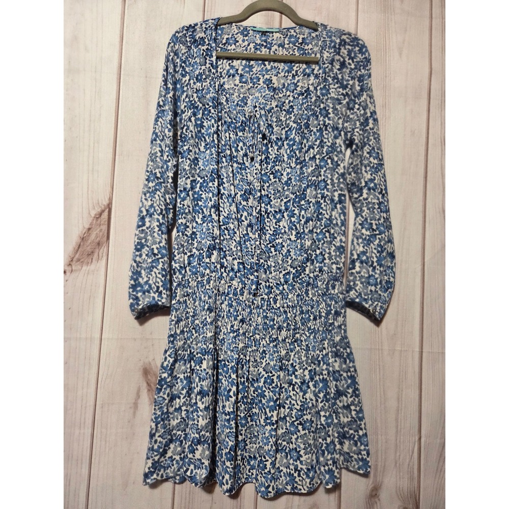 Lulus Blue Floral Chiffon Smocked Waist Mini Dress Long Sleeve V-Neck Size Large